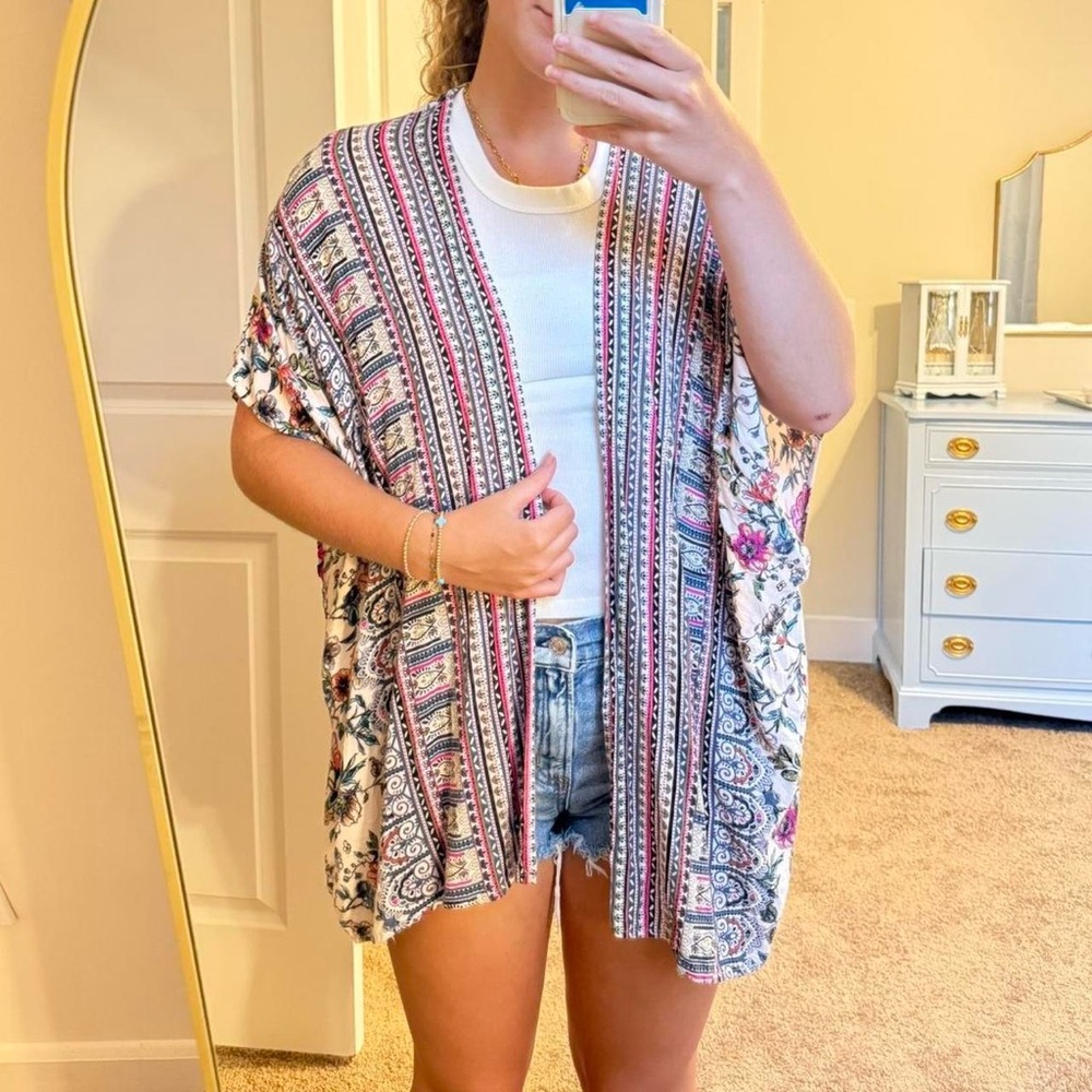 Multicolor Striped Floral Kimono Top